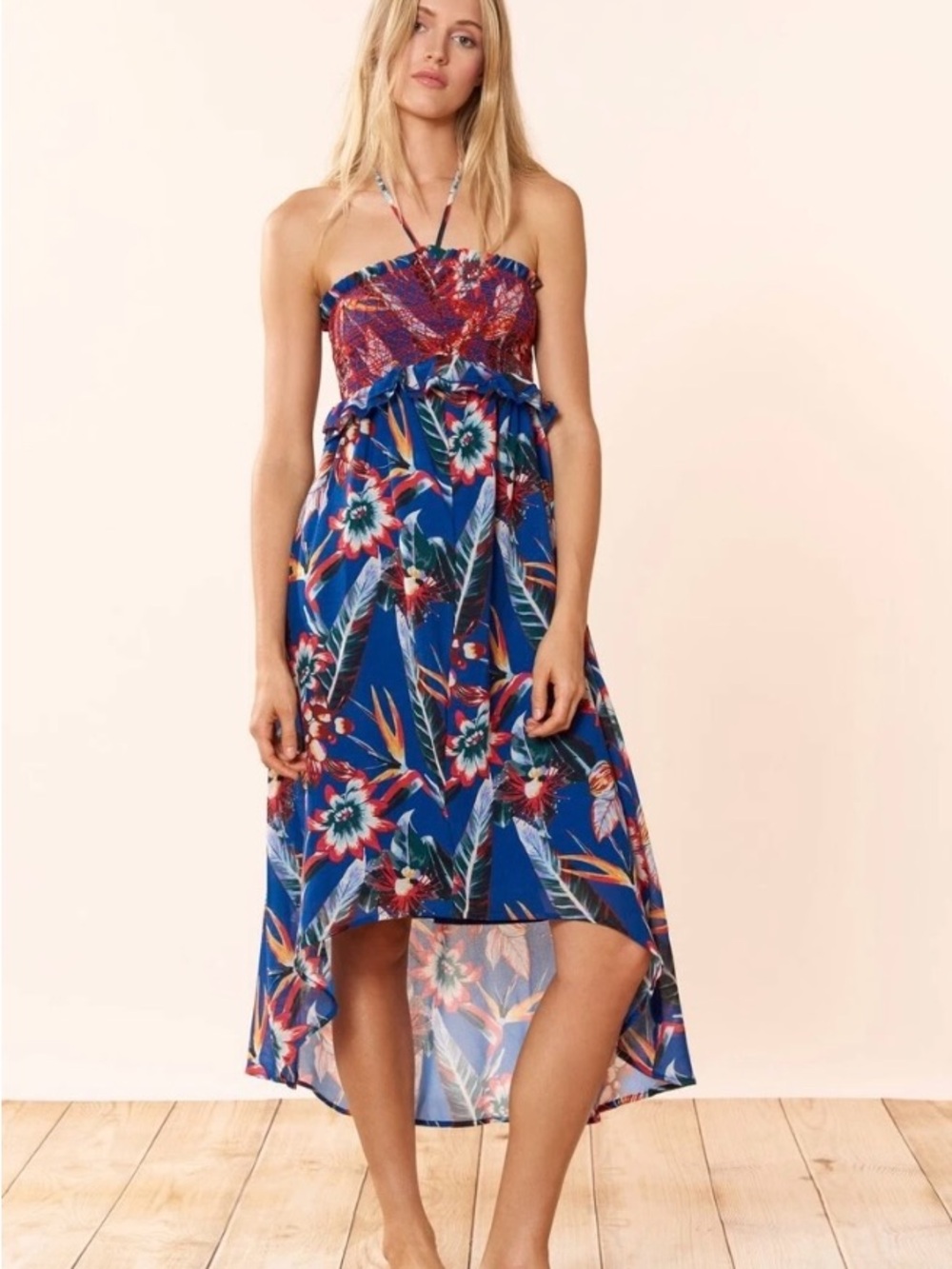 Red Carter Blue Tropical Halter High-Low Dress